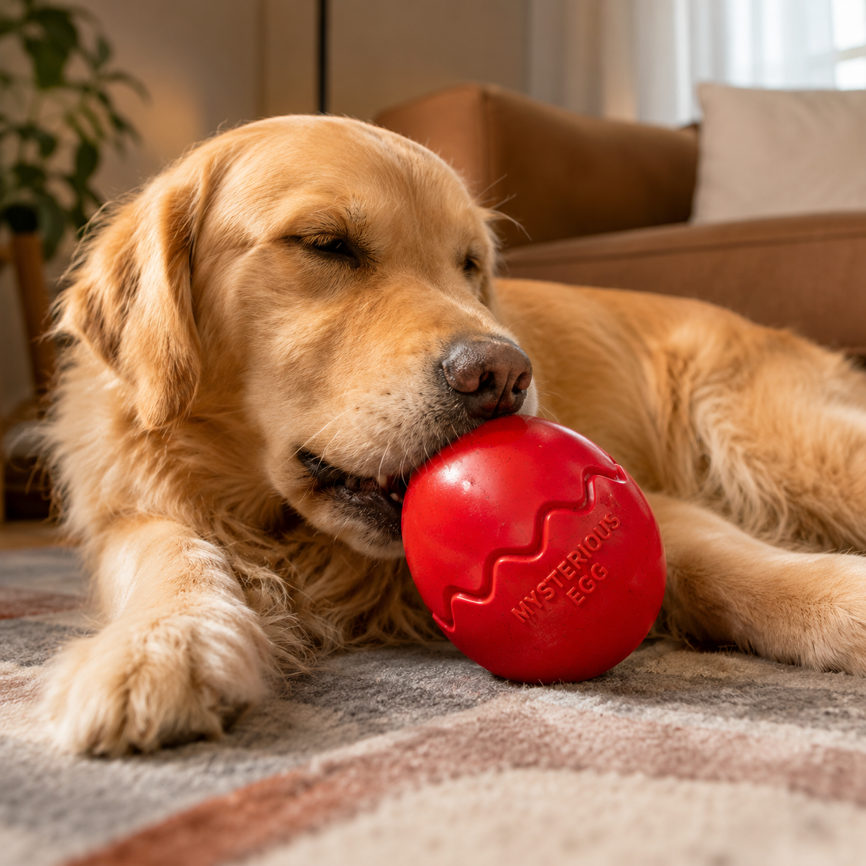 A golden retriever lying on a rug with the Mystery Egg